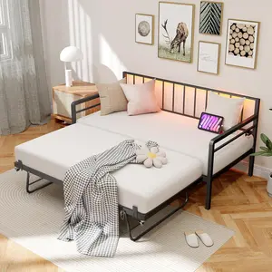 Twin Daybed with Pop Up Trundle, Metal Day Bed Frame with LED Lights and Charging Station, Day Bed with Trundle Bed, Black Daybed with Trundle for Living Room, Bedroom, Guest Room