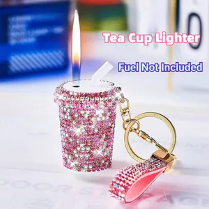 Pink Rhinestone Tea Cup Lighter(Without Gas), Cute Refillable Butane Lighter, Sparkly Bubble Tea Shaped Gas Lighter with Adjustable Flame, Aesthetic Pink Gift for Women