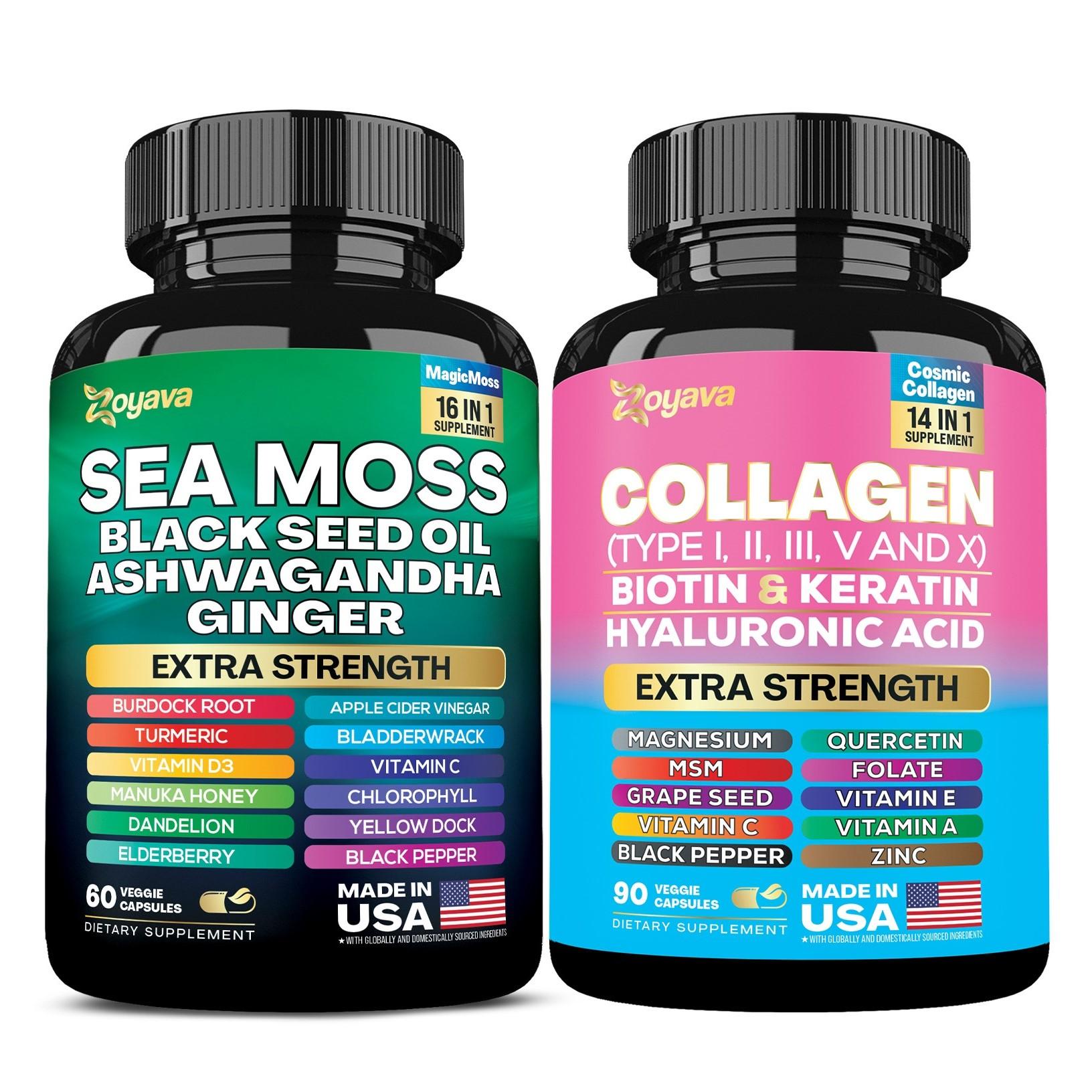 Radiant Wellness Bundle - Zoyava Sea Moss & Collagen Multivitamin Power Duo, All-in-One Supplement with Extra Strength I