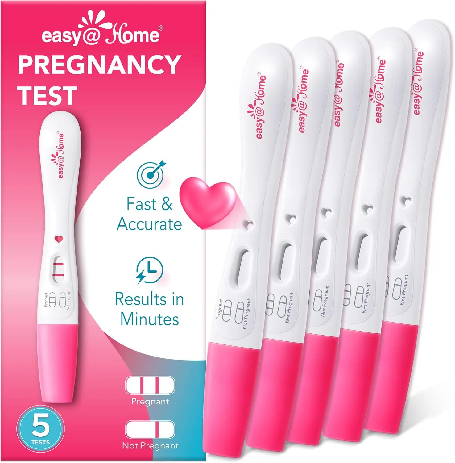 Easy@Home 5 Pack Pregnancy Test: Early hCG Detection - Smart Timing, Fast Results, Easy to Use At-Home Tests with Love Heart Indicator for Women