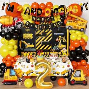 Construction Birthday Party Decorations for 2 Year Old Boy 2nd And Digging It Dump Truck Birthday Party Supplies Set with Balloons, Two Backdrop, Tablecloth Foil Balloons and Banners (Construction)