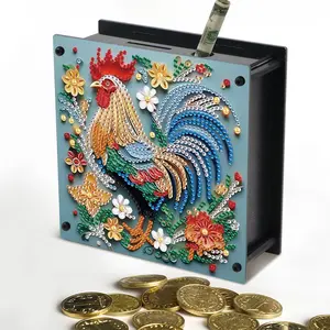 DIY Diamond Art Painting Kit, Rooster Pattern Piggy Bank, DIY Special Shaped Diamond Acrylic Money Box with Two Coin Holes, Handmade Art Desktop Decorations