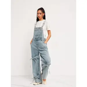 Cider [2 colors, size 0-26] Denim Bowknot Buckle Up Pocket Wide Leg Jumpsuit