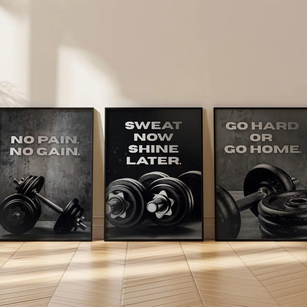 Set of 3 Gym Workout Quotes Wall Art Prints for Men – Masculine Gym Decor,Printable Gym Quotes,Black Poster Prints,Inspirational Male Art