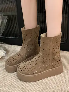 2026 Spring Summer New Hollow Out Breathable Thick Sole Short Boots, Women's Faux Fur Hole Cool Shoes, Platform Versatile Slimming Boots