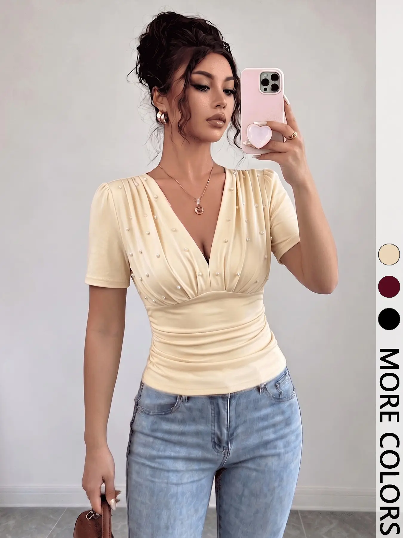 1pc Beige V-Neck Short Sleeve All Season Top, Elegant Pearl-Embellished Ruched Waist Slim Fit Blouse Shirts for Date & Work Women Womenswear