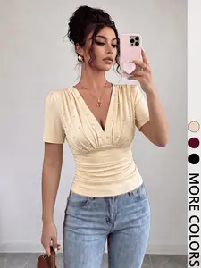 1pc Beige V-Neck Short Sleeve Top, Elegant Pearl-Embellished Ruched Waist Slim Fit Blouse Shirts for Date & Work Women
