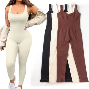 High-Stretch Seamless Ribbed Knit Women's Tummy Control Butt Lifting Bodysuit Athletic Style Yoga Fitness Long Length Sleeveless Solid ColorGift