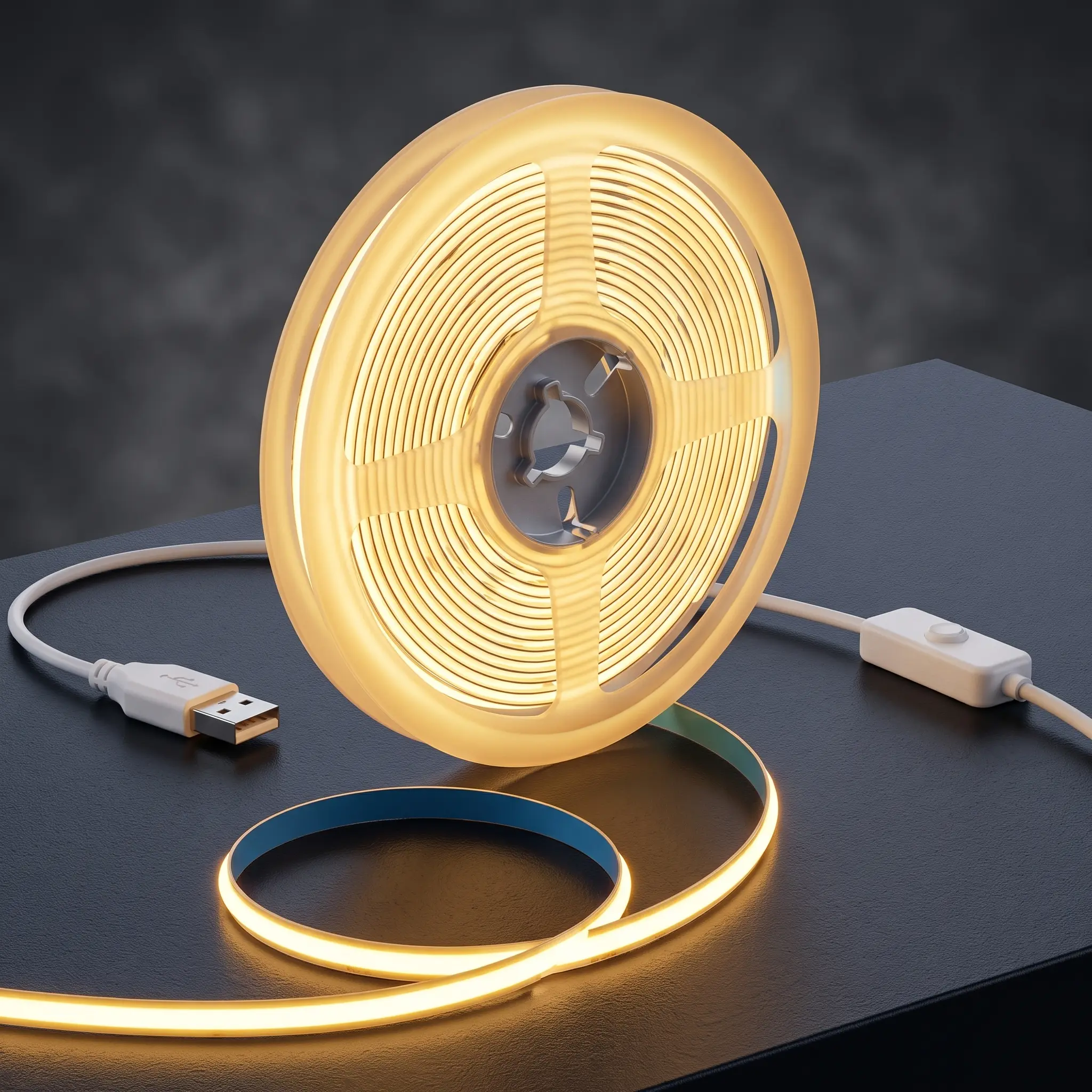 10FT/3M Seamless COB LED Light Strip Warm White USB Control for Under Cabinet Kitchen Shelf Accent Lighting