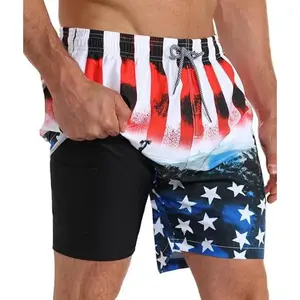 Men's 9" Printed Swim Trunks with Compression Liner Quick Dry Beach Shorts Athletic Summer Swimwear Adjustable Drawstring