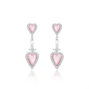 FANCIME "Pink Moment" Pink Heart Long Drop Sterling Silver Earrings With White Pearl and CZ Stones