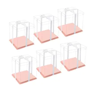 Pink Clear Cake Box with Ribbon, Square Cardboard Cake Containers for Wedding, Birthday, Party, 6pcs (6inch & 8inch) Bakeware