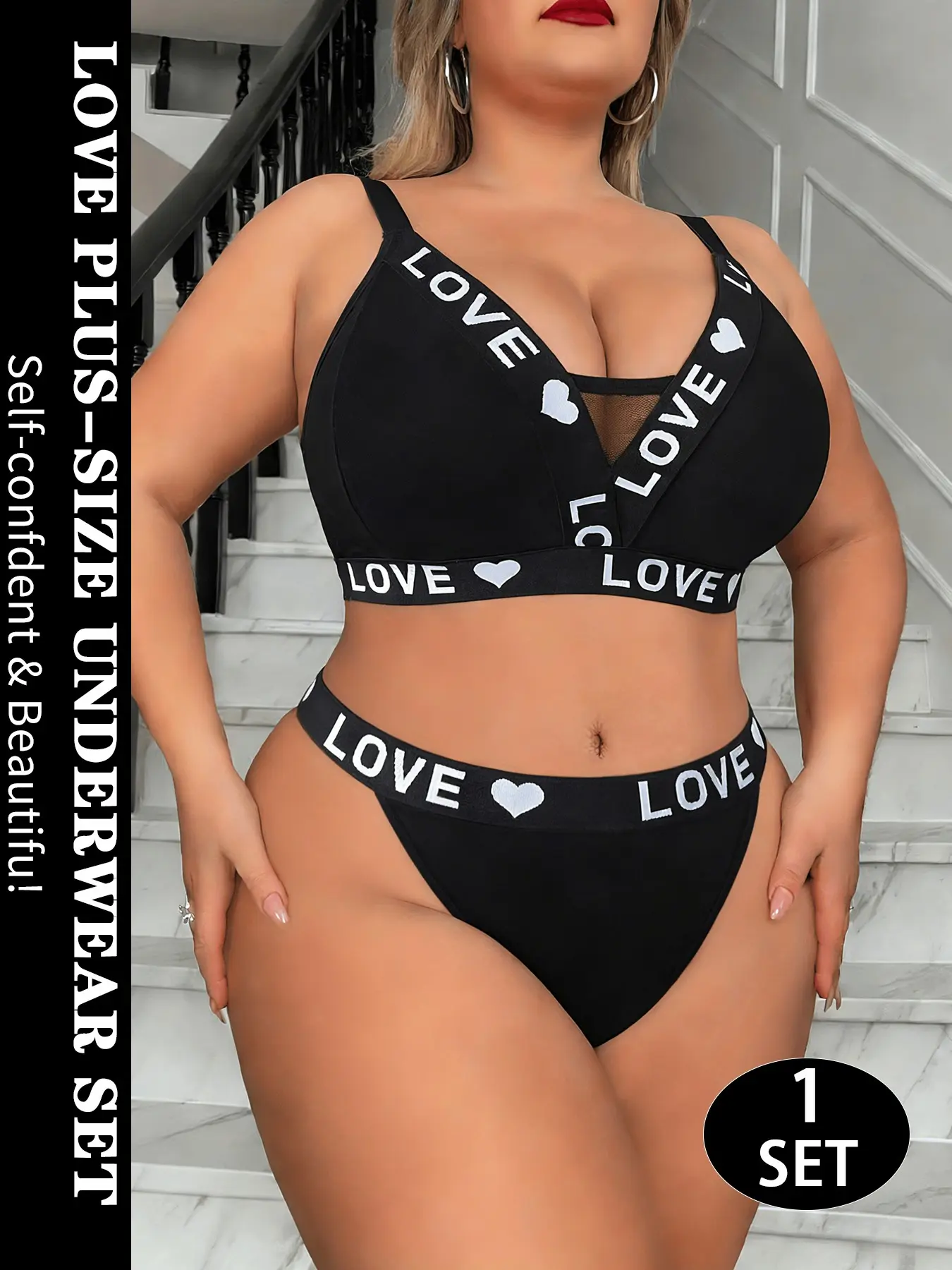 1/2/3/4 Sets Plus Size Chic Wireless Bra and Panty Set  Letter Print Wide Band Support Lingerie Soft & Breathable Fitted Full Coverage Underwear for Curvy Women Womenswear