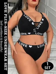 1 Set Plus Size Fitted Wireless Bra and Panty Set  Letter Print Wide Band Support Lingerie Soft & Breathable Full Coverage Underwear for Curvy Woment