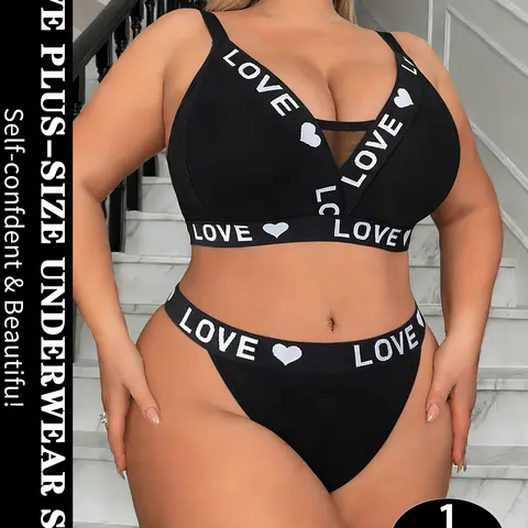 1/2/3/4 Sets Plus Size Chic Wireless Bra and Panty Set  Letter Print Wide Band Support Lingerie Soft & Breathable Fitted Full Coverage Underwear for Curvy Women Womenswear