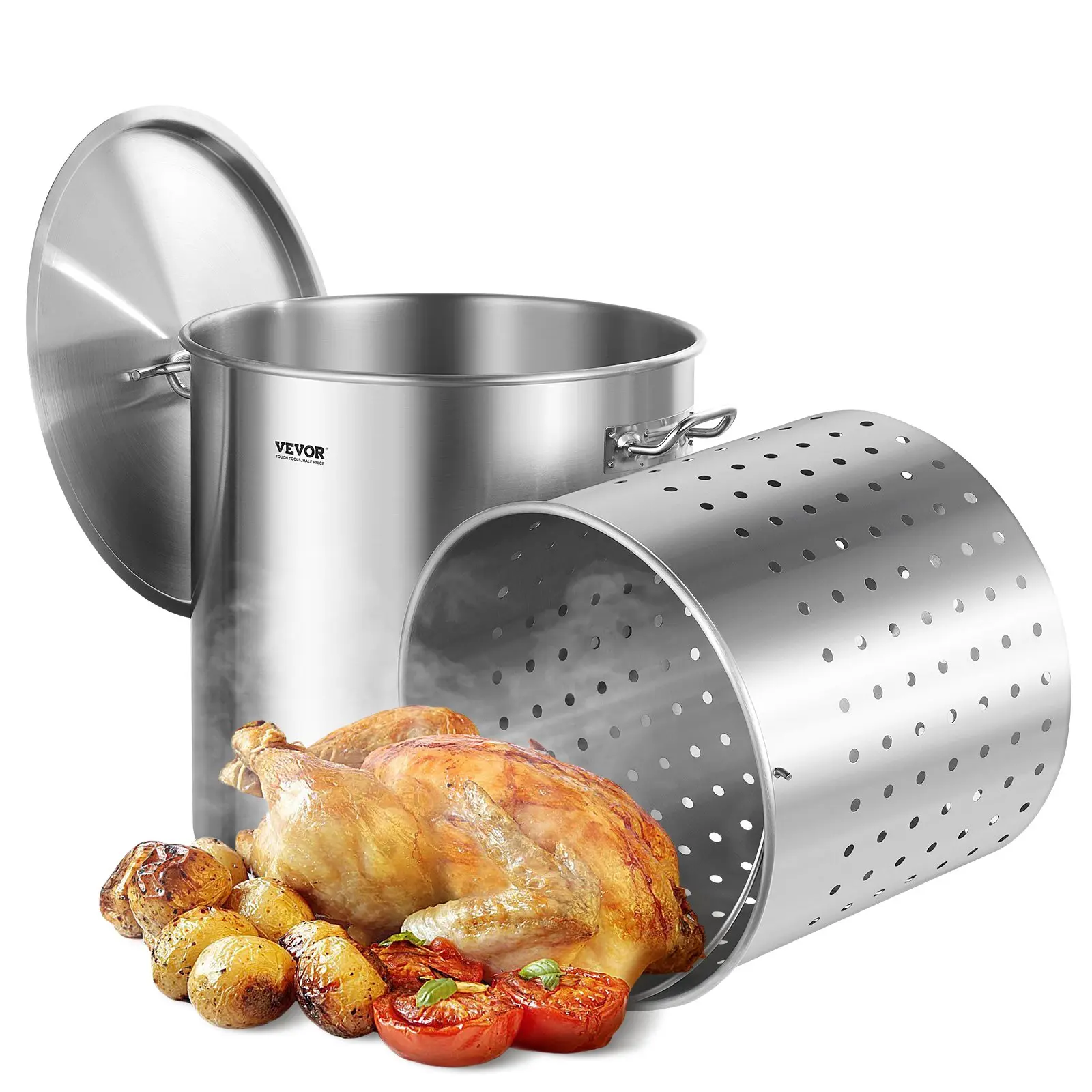 VEVOR 84 QT Thickened Stainless Steel Stockpot - Heavy Duty Food Grade Durable Steel Stew Pot, 79.5L Induction-Safe Cookware with Strainer Basket, Lid, Handle for Crowd Cooking, Cookware Steam Pot