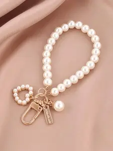 Pearl Beaded Bag Charm Pendants, Gold Bar & Letter Charm Bag Chain Charms, Elegant Minimalist Bag Decoration Keychain, Cute Girly Bag Pendant for Backpack Purse, Purse Accessories, Ideal for Fashion Lovers & Daily Styling, Charms For Bags