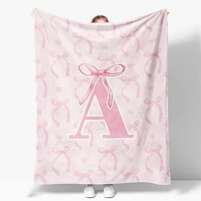 Click "Shop Chat", send in a custom name，Coquette Pink Bow Throw Blanket Personalized Initial A-Z Soft Fluffy Cozy Flannel Monogrammed Gifts for Daughter Women Teen Girls Customized 60*80inch Bedding Bedroom Office