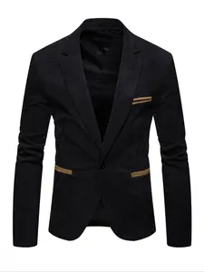Men's Regular Fit Solid Pocket Button Front Corduroy Blazer, Business Lapel Neckline Long Sleeve Blazer for Work Office, Fashion Men's Clothing for All Seasons Formal Wear