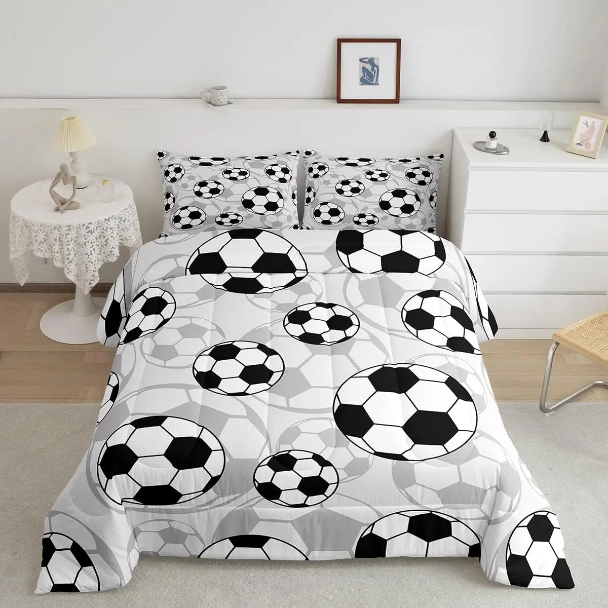Feelyou Soft Breathable Bedding Football Themed Comforter Set - Soccer Ball Pattern Blanket, Unique Gender Neutral Duvet & Set with Inner Fill, Twin Size, for Toddler Bedrooms, Guest Room