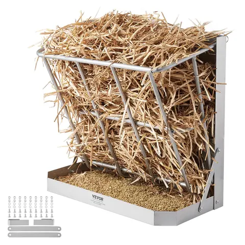 VEVOR Wall-Mounted 2-in-1 Goat Hay & Grain Feeder, 39.5 Gal Large Capacity Durable Steel Feeder with Feed Tray, Multiple-Sided Rack for Small-Medium Goats/Sheep Livestock Feeding Tool