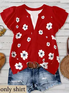 Plus Size Women's Floral Print V-Neck Blouse, Feminine Ruffle Short Sleeve Loose Chiffon Top, lightweight, ruffled, Summer, Casual, Date, Vacation, Commute, womenswear