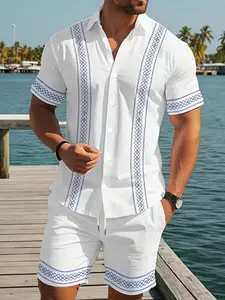 Men's Casual Rhombus Geometric Print Short Sleeve Blouse Shirt + Drawstring Pocket Shorts Set, Menswear Perfect for Hawaiian Beach Tropical Style Summer Vacation