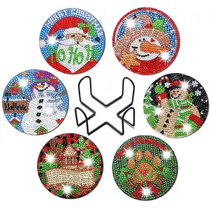 6counts Christmas themed diamond painting coaster handmade DIY set, winter holiday acrylic coaster with Santa Claus and snowman patterns, sparkling crystal rhinestone mosaic gemstone art, including holder for easy storage, can be used as Christmas party