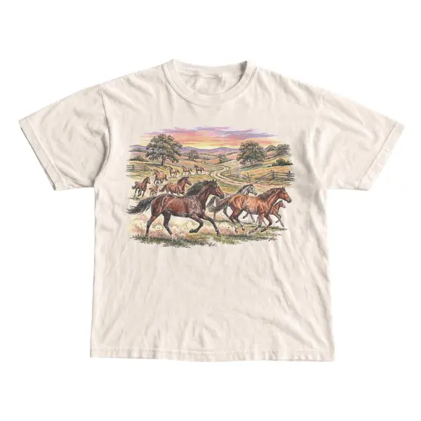 90s Wild Horses T-Shirt -  Vintage Country Wildlife Shirt - Animal Outdoor Western Adventure Shirt - Men & Women's Unisex Graphic Tee - Vintage Forest Wildlife Tee - Streetwear Tops - Casual Cotton Crewneck Shortsleeve Tshirt, Menswear, Round Neck