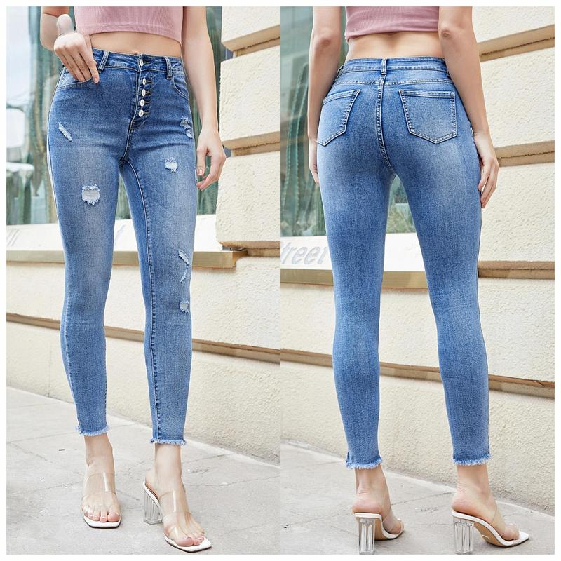 Plus Size Women's Plain Ripped Button Fly Skinny Stretchy Jeans, Fashion Casual Raw Hem Denim Pants for Daily Outdoor Wear, Ladies Bottoms for All Seasons