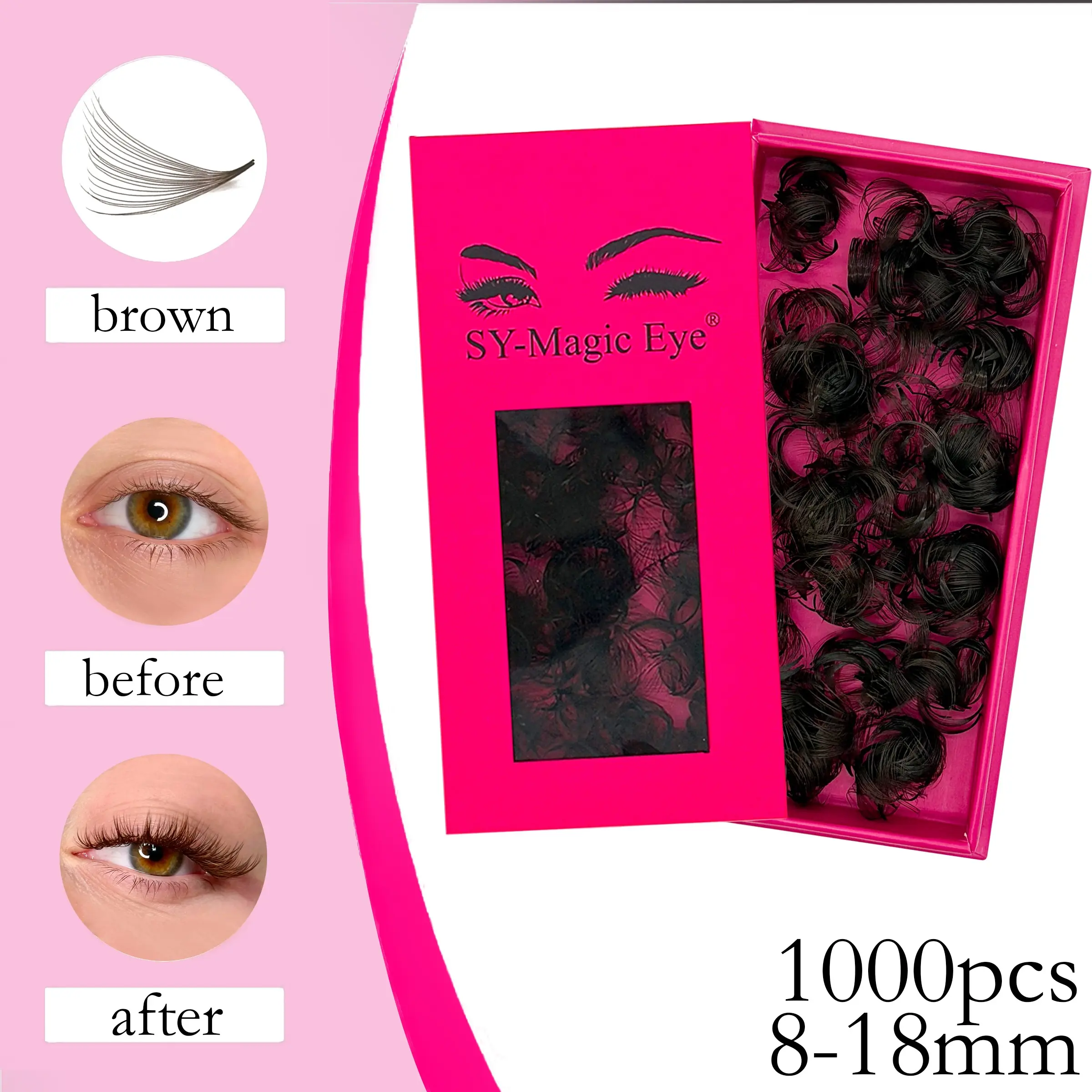 Brown, 1000 Pcs Pointy Base Premade Fans, Volume False Eyelashes, 20D,Thickness 0.05mm,Curl C/D,8-18mm/Mixed Lengths,Eyelash Extension,Easy to carry,Salon & Home Use Daily Life & Party & Music Festival