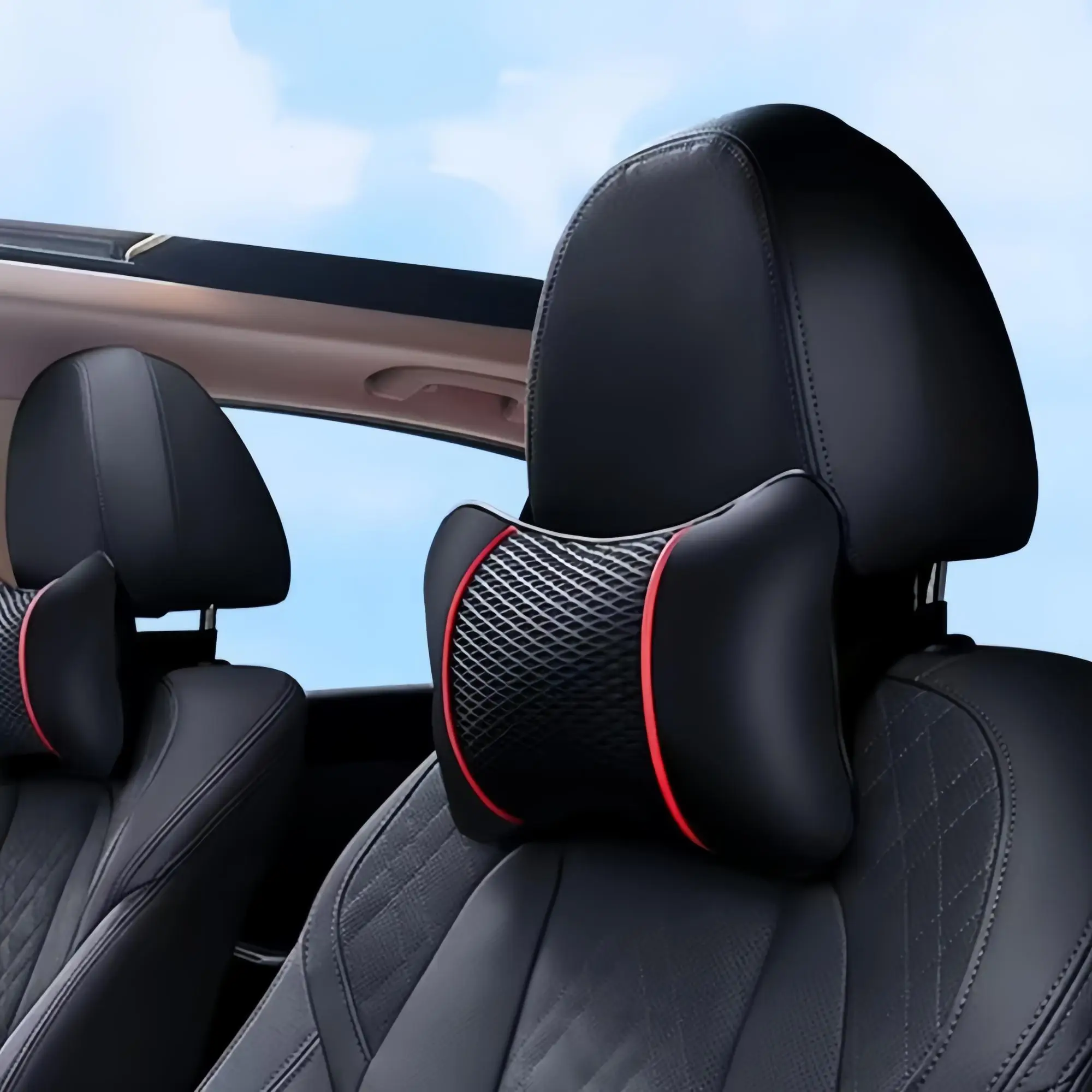 Car Seat Headrest Pillow, Premium PU Leather Car Neck Pillow, Neck Rest Cushion Support, Universal Car Interior Decoration Accessories