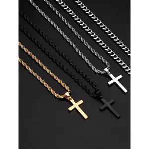 Street Style Cross Necklaces, 1 Count Stainless Steel Twist Chain Necklace with Gothic Cross, Statement Necklace, Fashion Jewelry for Party, Daily Decor, Trendy All-match & Exquisite Jewelry for Birthday Gift, Men Jewelry, Men Accessories