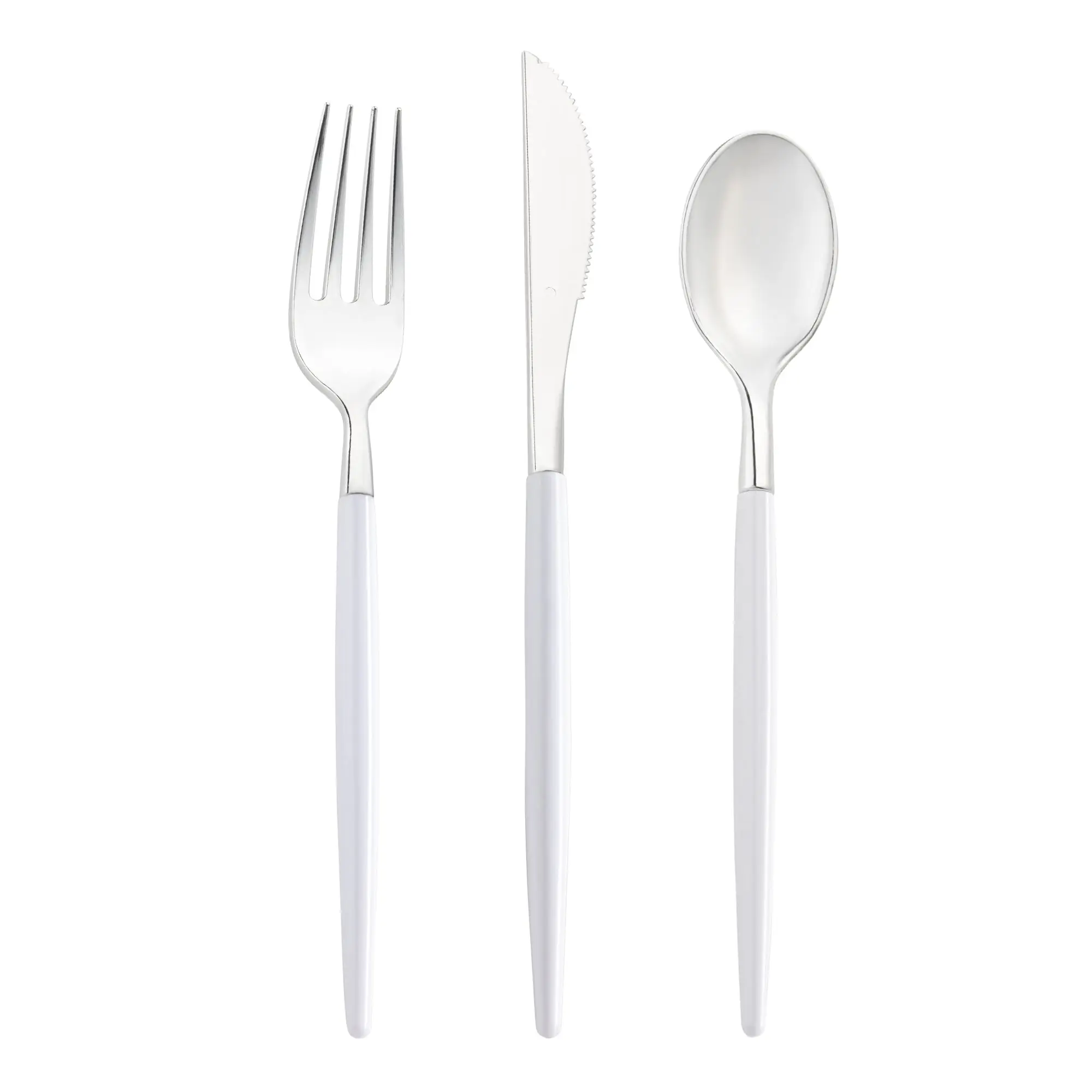 Silver with White Handle Moderno Disposable Plastic Cutlery Set - 20 Spoons, 20 Forks and 20 Knives