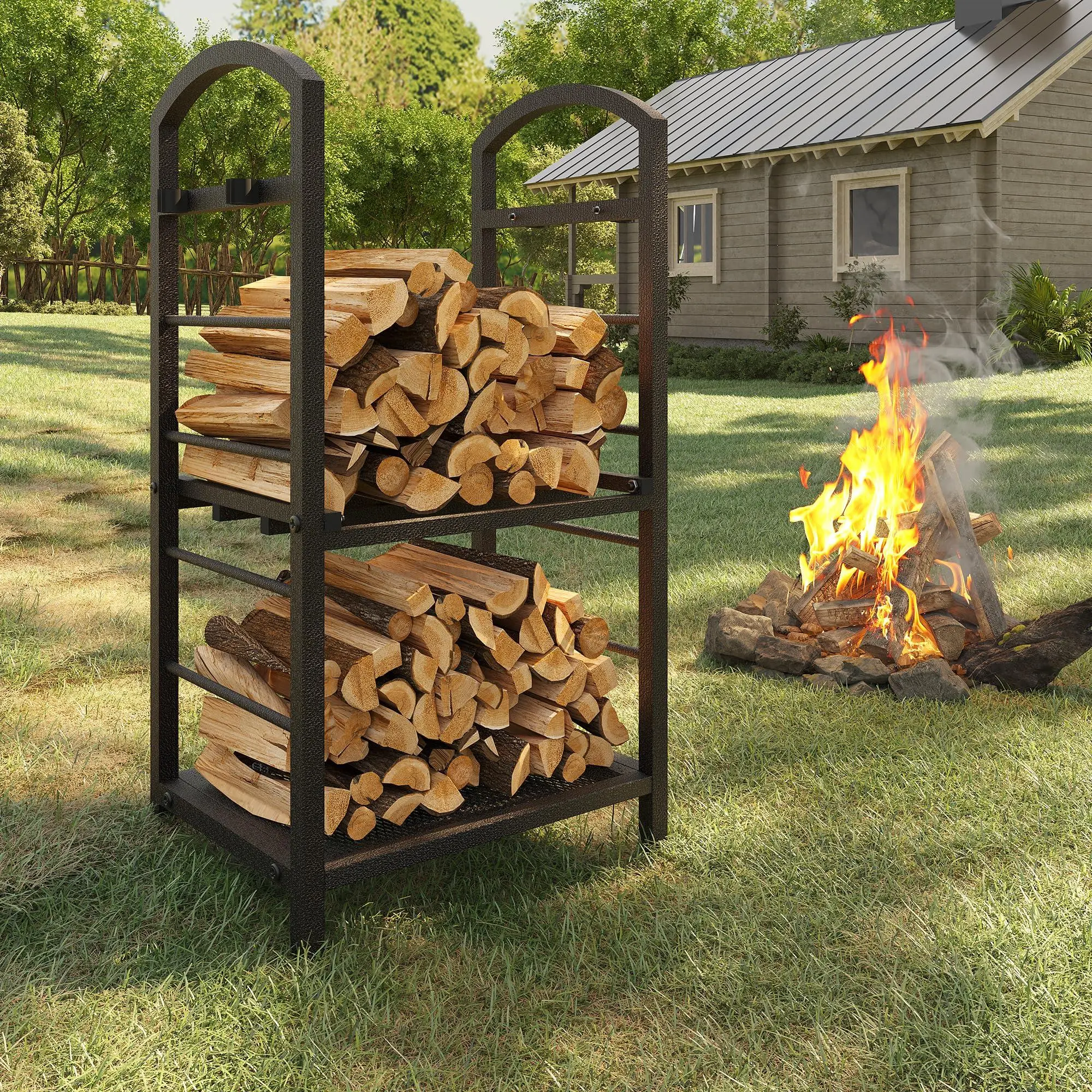 Garvee Double Layer Metal Firewood Rack - 15.7×11.8×29.5 Inch Wrought Iron Log Holder with 5-Piece Fireplace Tool Set - Durable Wood Storage Organizer for Indoor Fireplace or Outdoor Patio -