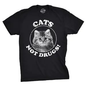 Mens Cats Not Drugs Funny Crazy Cat Person Anti Drug Meow Kitty T shirt Mens Funny T Shirts Cool Vintage Fashion T-Shirt Gift Classic Menswear Funny Cat Short Sleeve Novelty Tees for Guys Black
