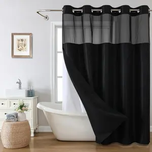 Black No Hook Shower Curtain with Snap-in Fabric Liner Set,Waffle Weave Shower Curtains for Bathroom,Hotel Luxury Decor Bathroom Curtain Set, & Washable,71Wx74H