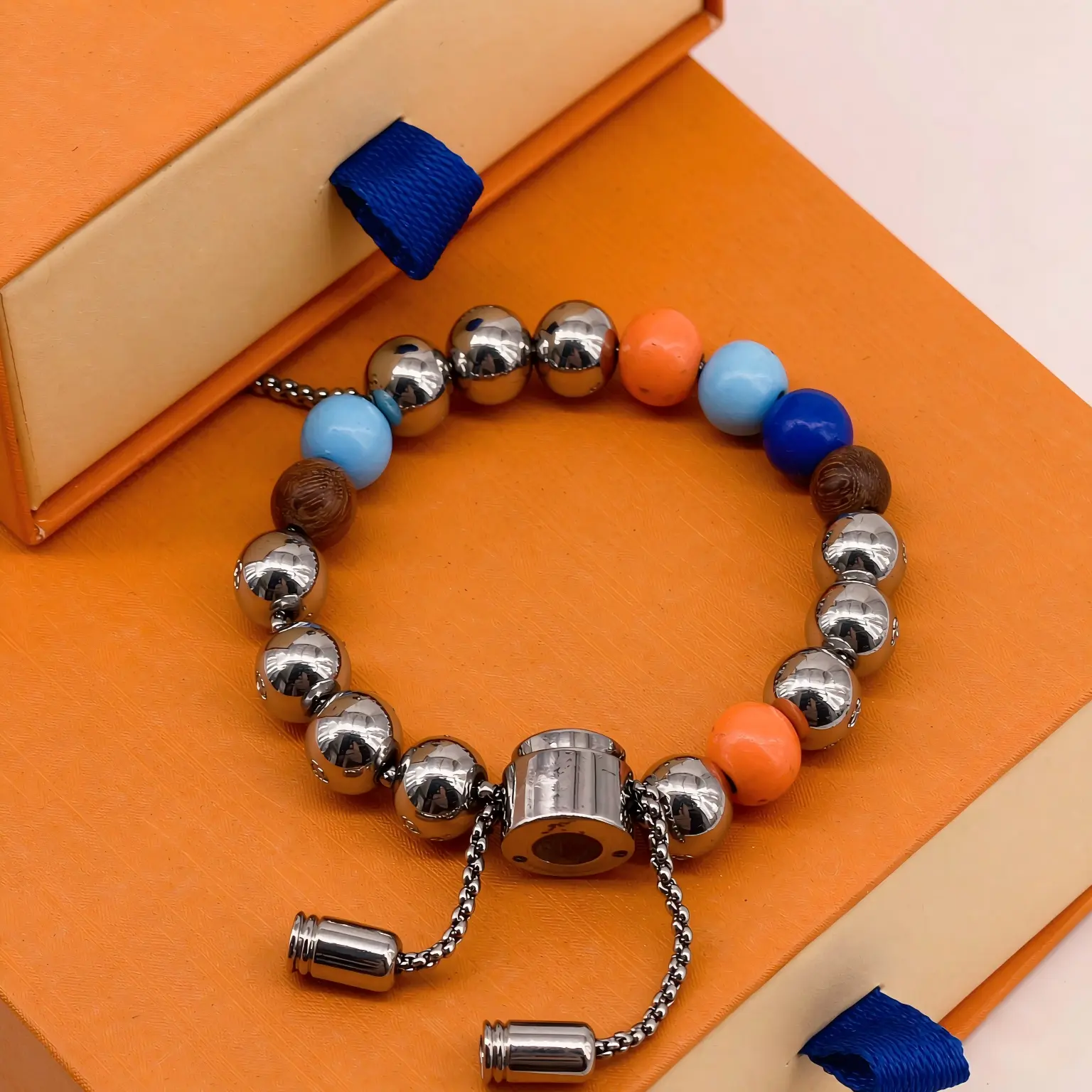 Luxury Colorful Beaded Titanium Steel Bracelet, Adjustable Wood Bead Wrist Bracelet for Men Women, Casual Daily Jewelry With Premium Gift Box