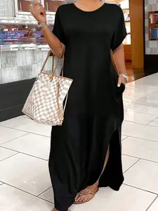 Plus Size Solid Maxi Dress | Round Neck With Pockets | Casual Everyday Women's Outfit
