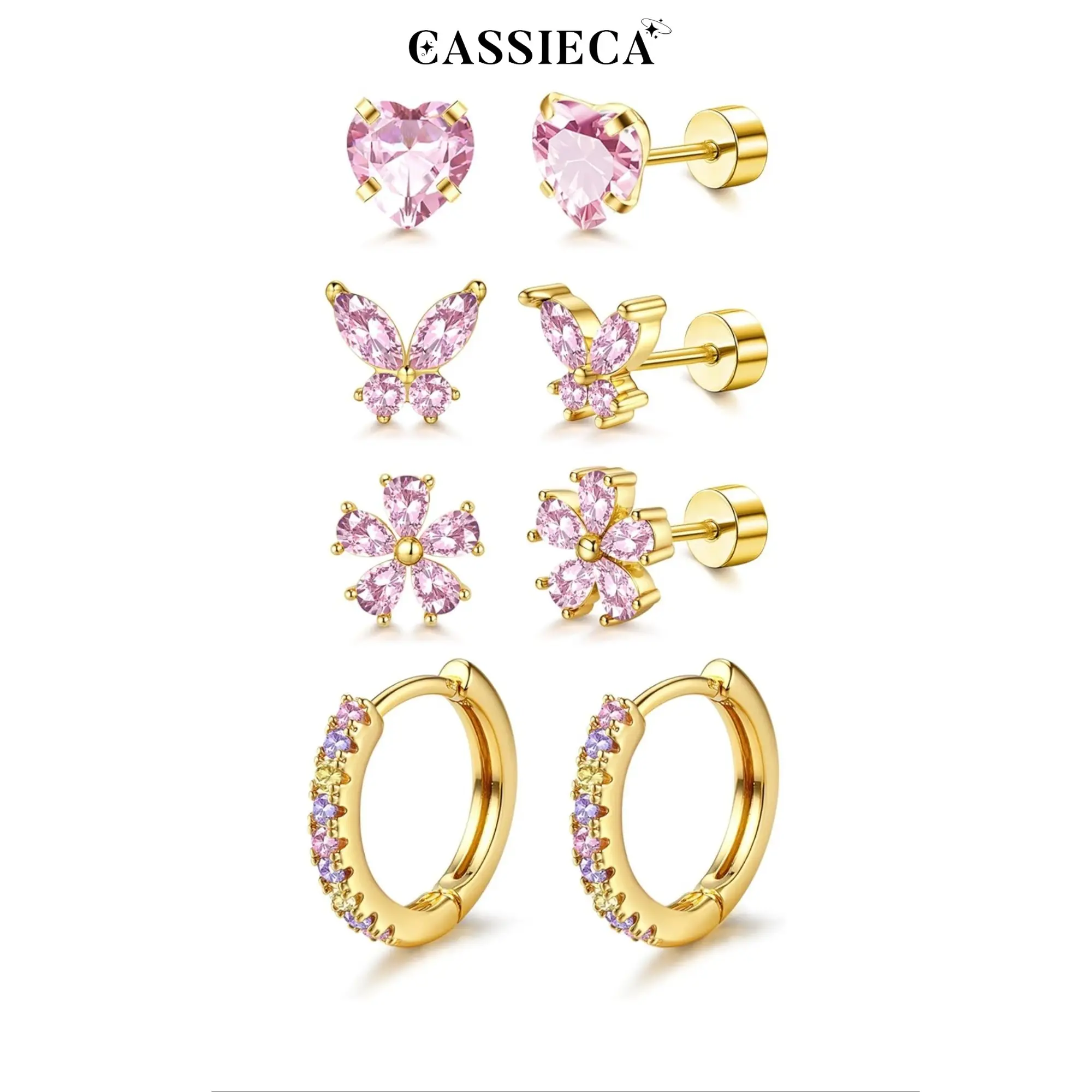 CASSIECA 14K Gold Plated Earrings Stack for Women Hypoallergenic 316L Surgical Stainless Steel Cute Pearl Flower Butterfly Heart Strawberry Rainbow Flat Back Earrings Small Daisy Huggie Hoop Earrings Set for Sensitive Ears