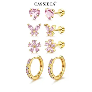 CASSIECA 14K Gold Plated Earrings Stack for Women Hypoallergenic 316L Surgical Stainless Steel Cute Pearl Flower Butterfly Heart Strawberry Rainbow Flat Back Earrings Small Daisy Huggie Hoop Earrings Set for Sensitive Ears