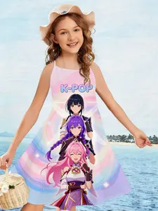 Girls Kpop Series Strapless Dress, Rainbow Gradient Sweet Cool Girl 3D Printed Sleeveless Casual Street Style