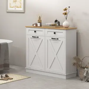 White Tilt-Out Laundry Hamper Floor Cabinet - Bathroom Indoor Storage Cupboard with 2 Removable Baskets and 2 Drawers