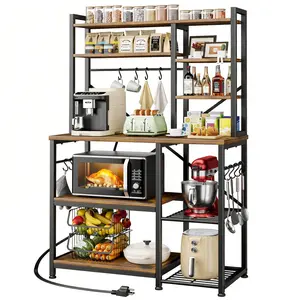 Brown Baker’s Rack with Power Outlet, Double Tier Kitchen Storage Shelf for Microwave, Coffee Station & Baking
