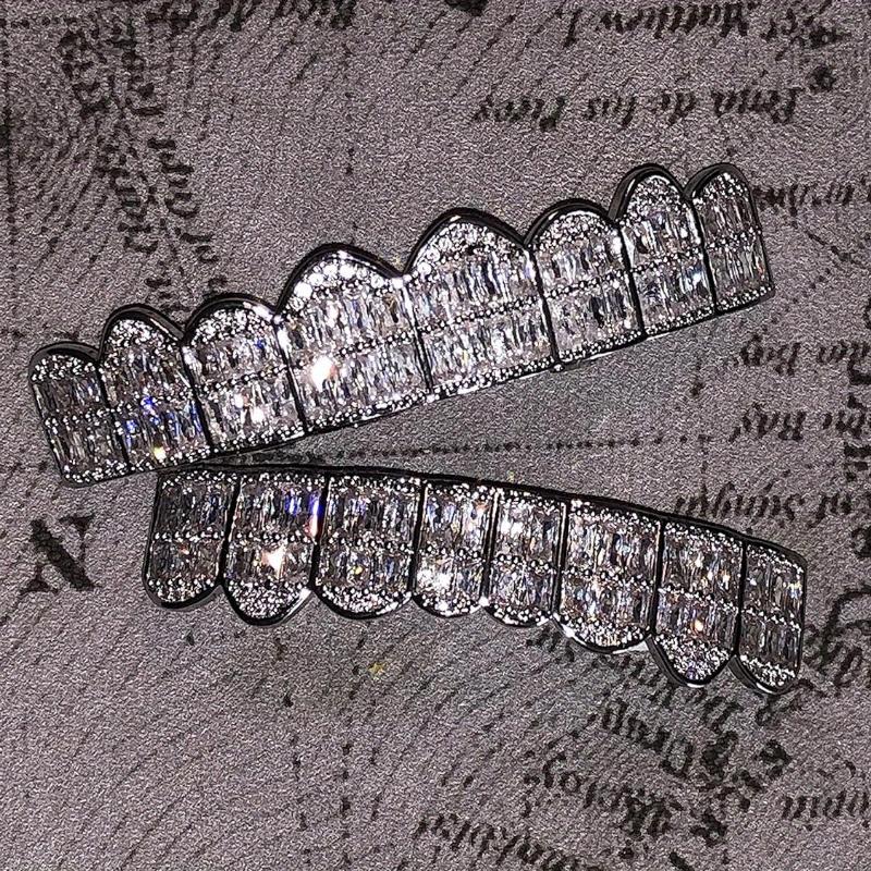 2pcs/SET Baguette Set 8 teeth Grillz for Mouth Top Bottom Hip Hop Teeth Grills - Cap