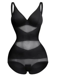 Women's Solid Sheer Contrast Mesh Padded Shapewear Bodysuit, Deep V Neck High Stretch Butt Lift Tummy Control Shapewear Cami Bodysuit, Women's Shapewear
