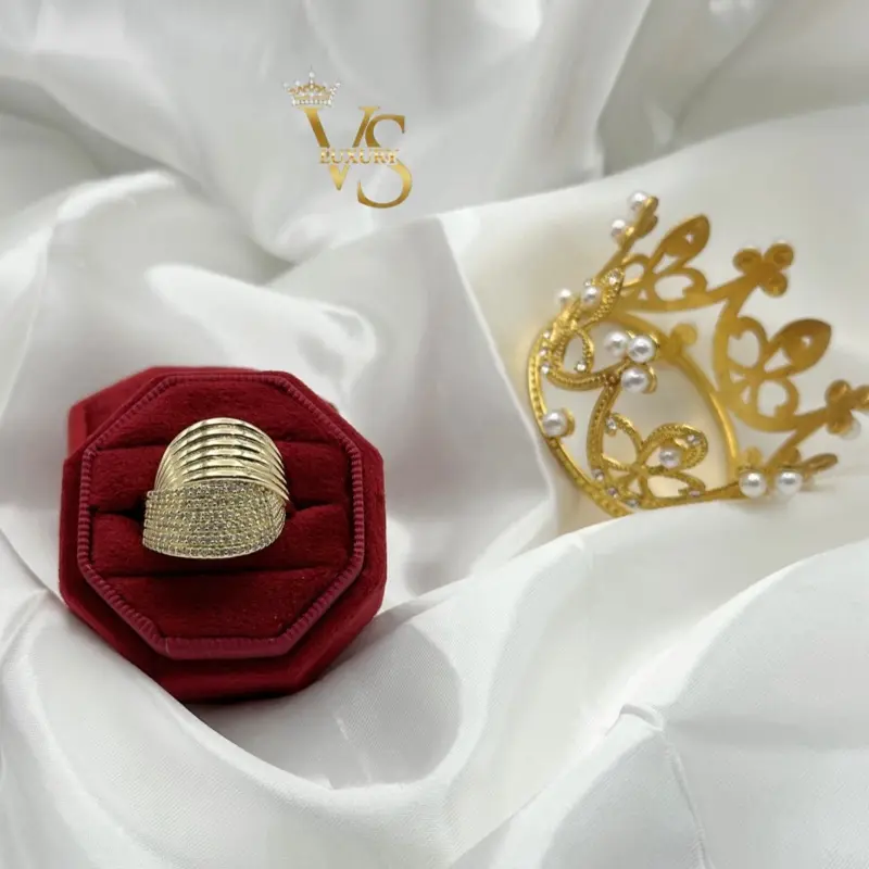 Valdes Luxury 14K Gold Plated Laminated Adjustable Ring with Zirconia Design