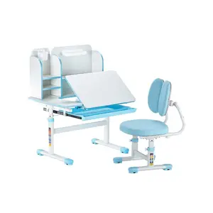 Ergonomic Children's Study Furniture Set - Adjustable Height Desk with 0-40 Degree Tilted Desktop, Bookshelf, Storage Drawer, Matching Chair for Bedroom (Blue)