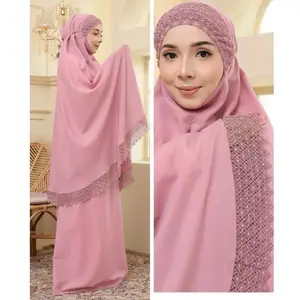 Prayer Clothes for Muslim Women - 2 Pcs Dress & Headscarf Set with Lace Detailing Modest