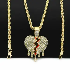 MaxBling81 Broken Heart Drip Iced Cubic Zirconia Charm Bling Pendant 4mm 18 20 24 Brass Rope Chain Necklace Jewelry Accessory Gift